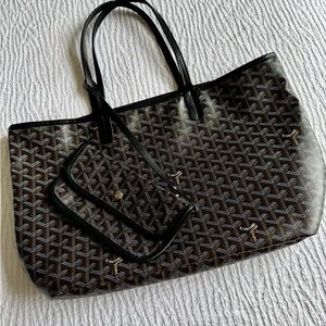 Inspired Goyard Brown and Black Chevron-Patterned Tote with Pouch